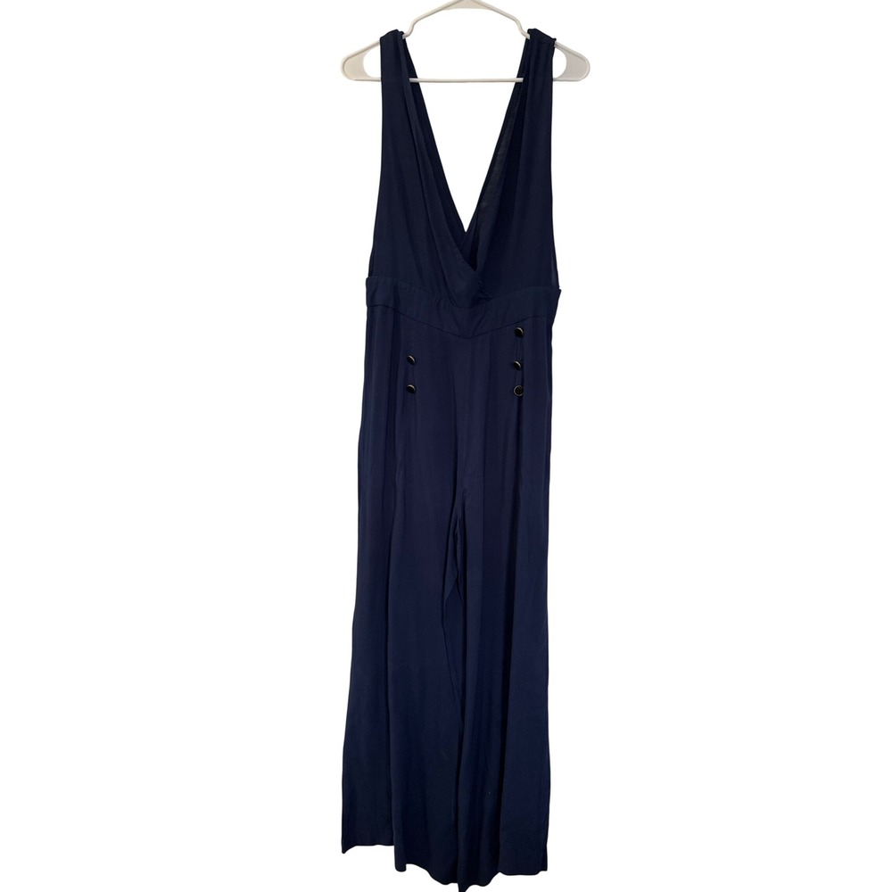 Lola Navy Blue Wide Leg Jumpsuit V-Neck Button Detail Sleeveless Rayon Large